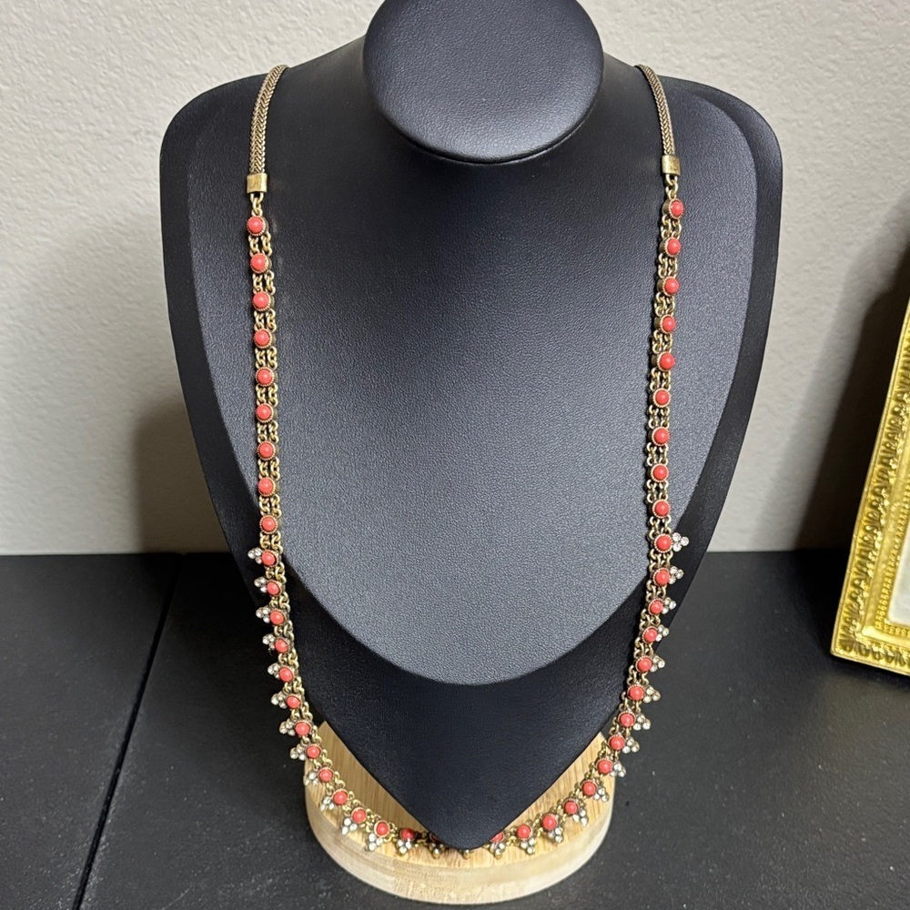 Ann Taylor Loft Antiqued Gold Tone Long Chain Clear Rhinestone Necklace